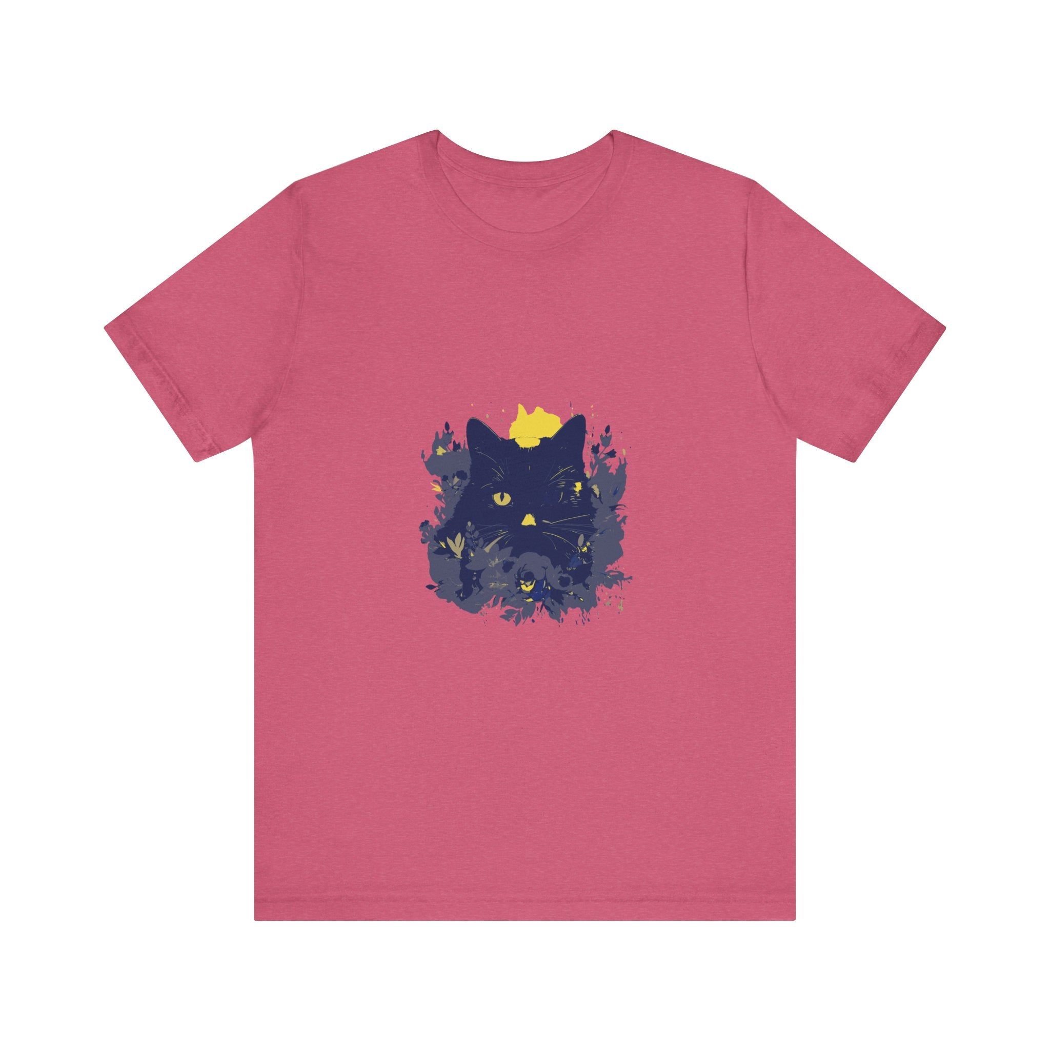 A black cat with a mysterious expression wearing a whimsical flower-patterned t-shirt