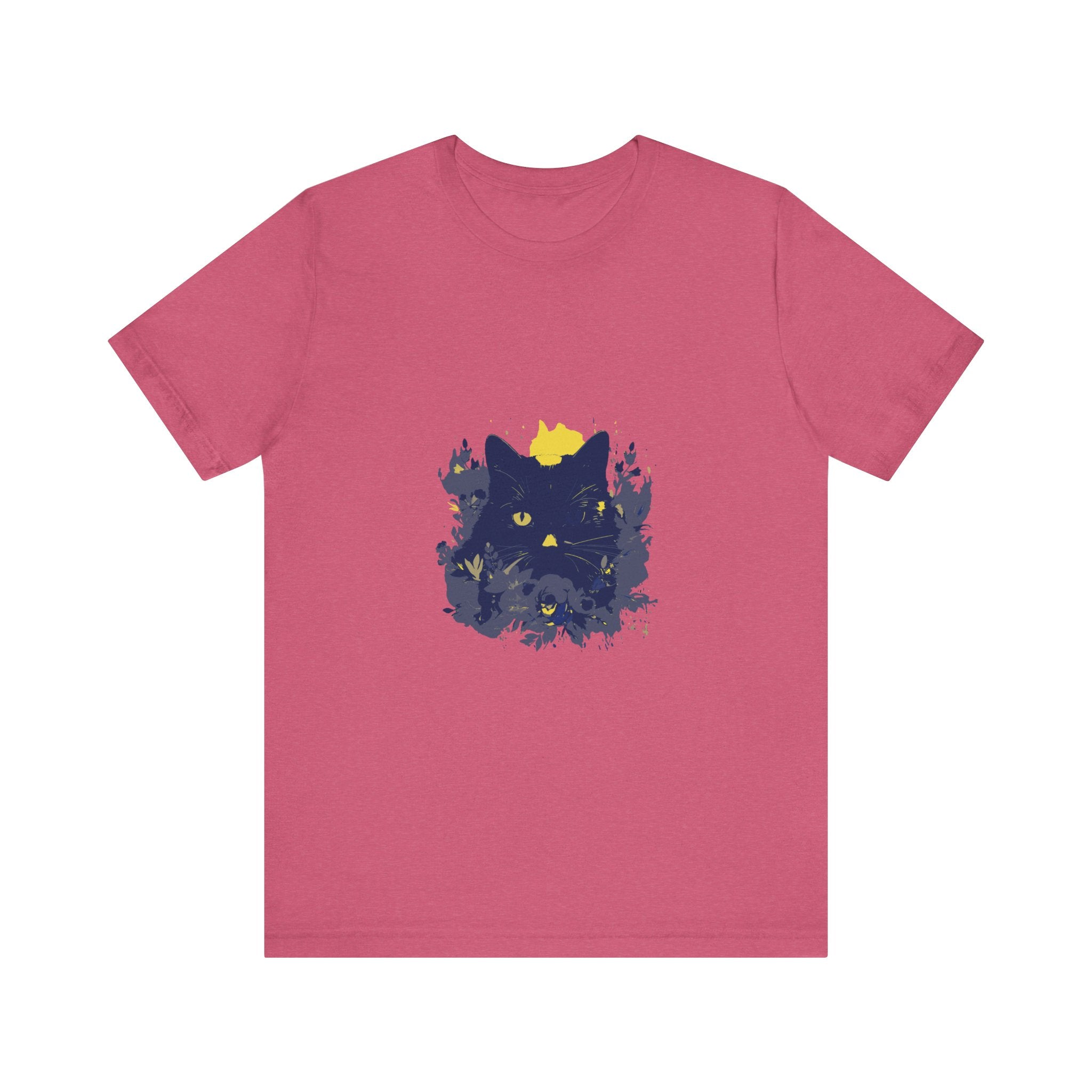 A black cat with a mysterious expression wearing a whimsical flower-patterned t-shirt