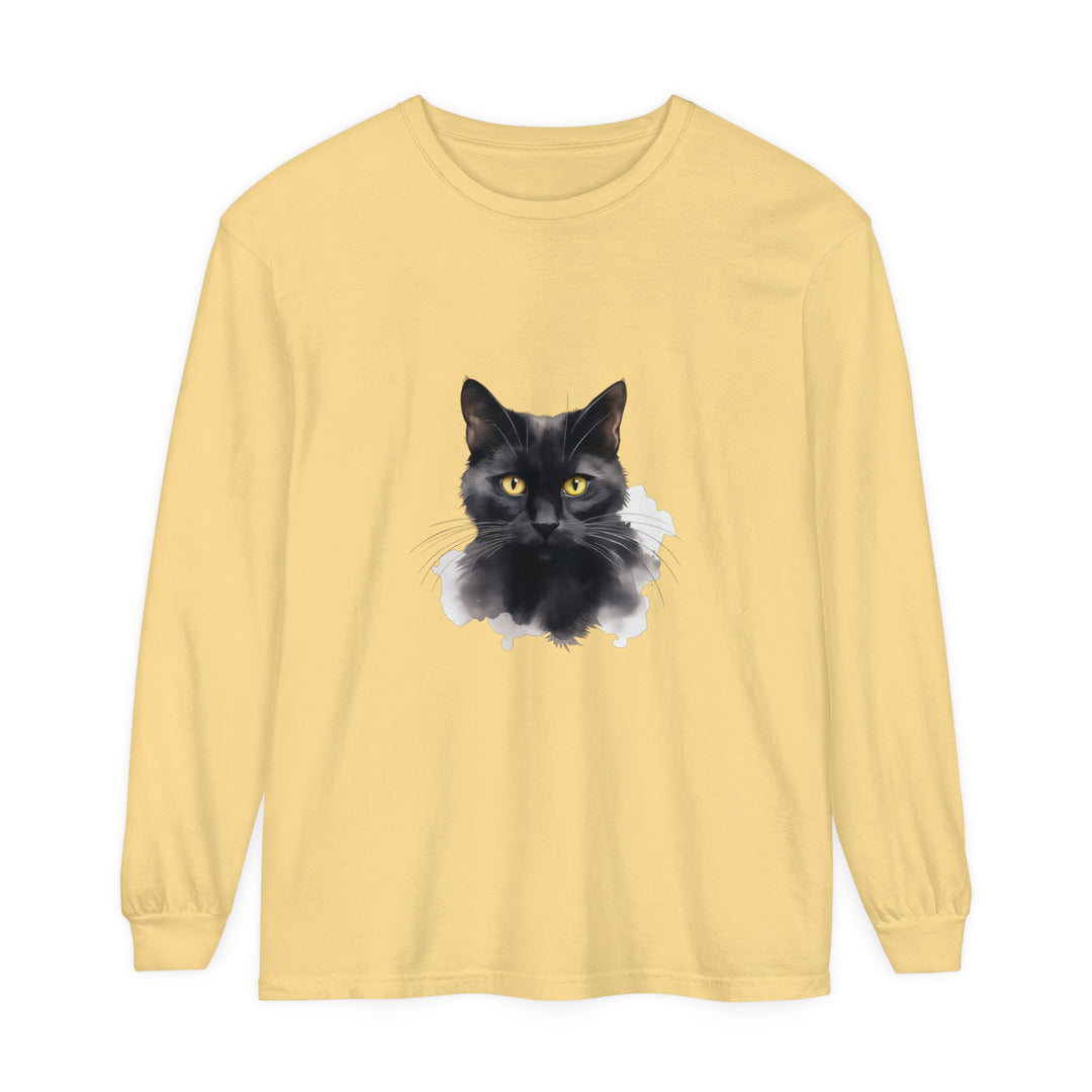 Black Cat Portrait Unisex Long Sleeve T-Shirt, featuring a detailed illustration of a majestic black cat on a soft and comfortable long sleeve shirt