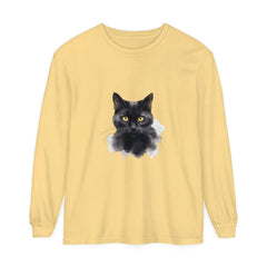 Black Cat Portrait Unisex Long Sleeve T-Shirt, featuring a detailed illustration of a majestic black cat on a soft and comfortable long sleeve shirt