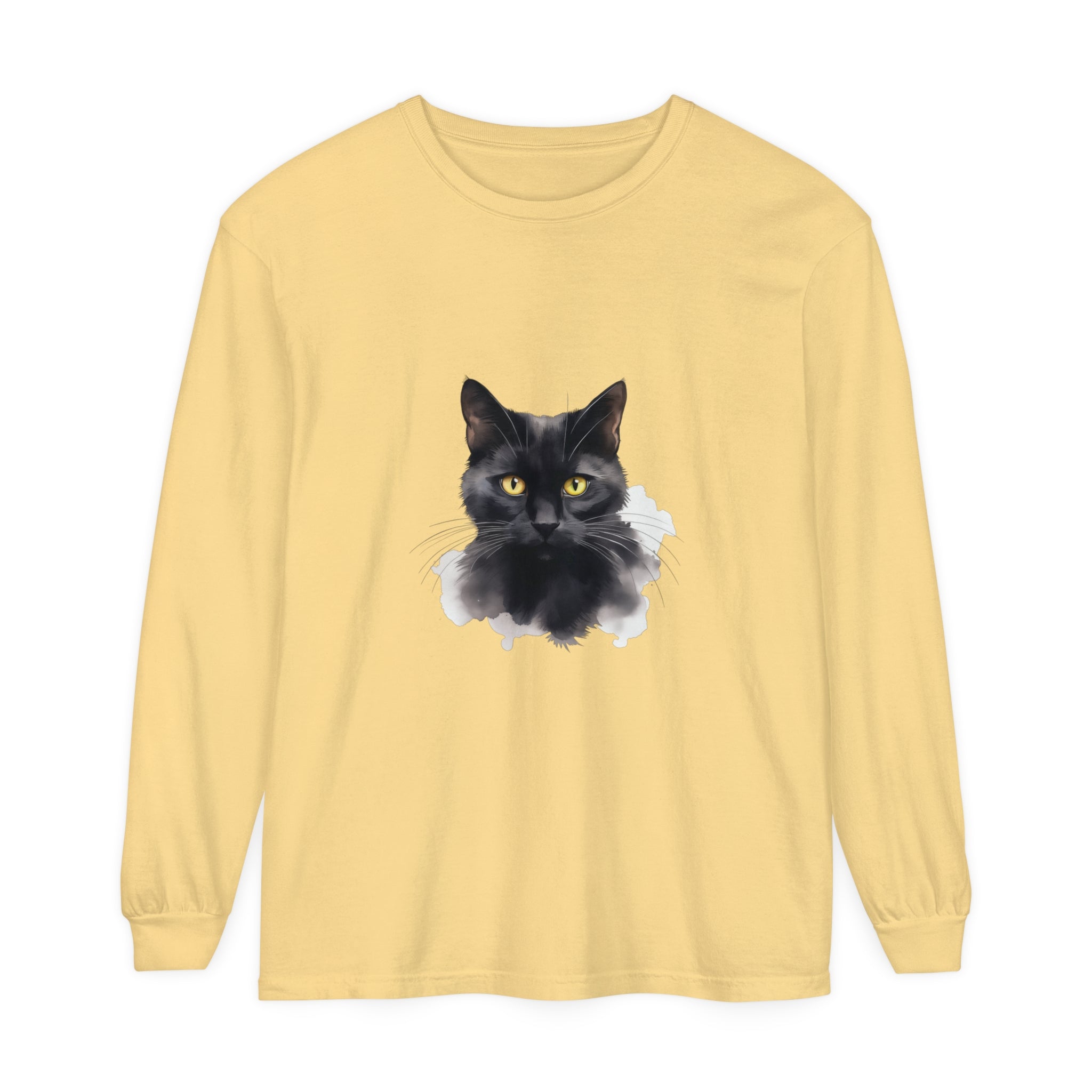 Black Cat Portrait Unisex Long Sleeve T-Shirt, featuring a detailed illustration of a majestic black cat on a soft and comfortable long sleeve shirt
