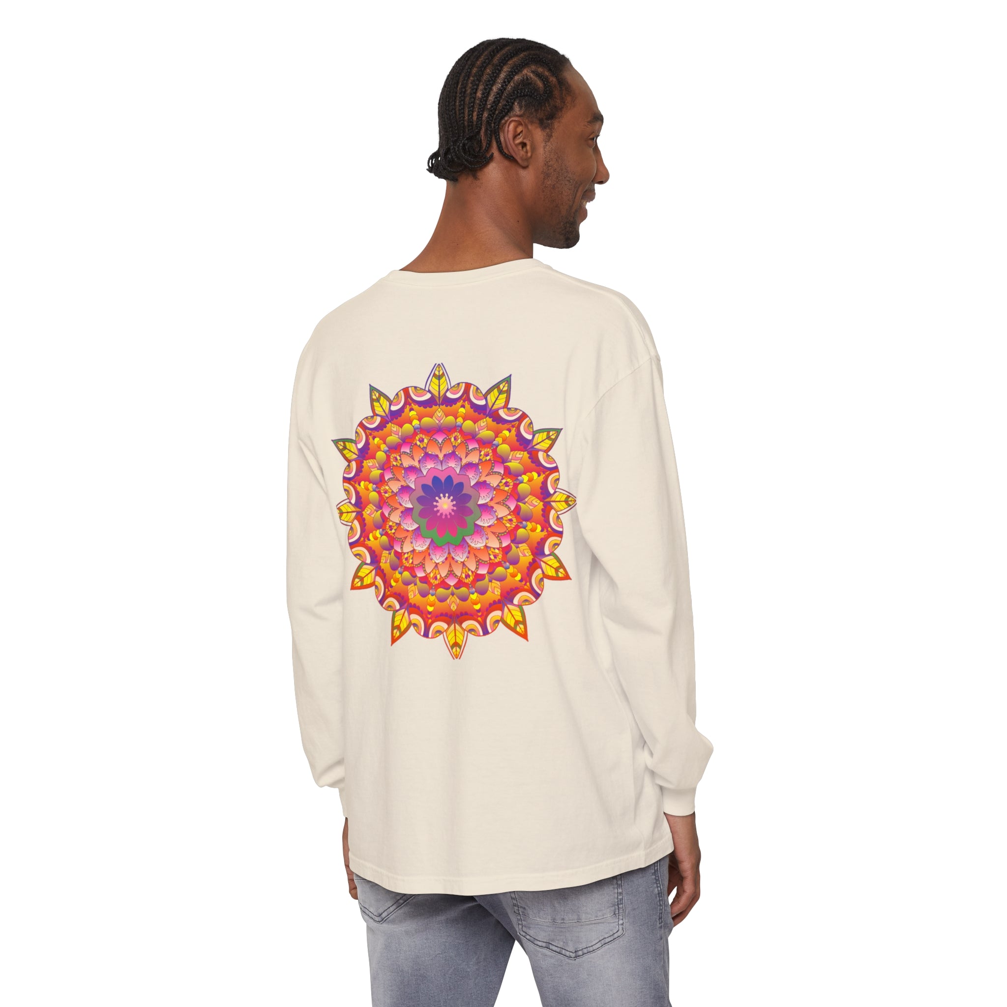 Colorful and intricate mandala design featured on a unisex long sleeve t-shirt