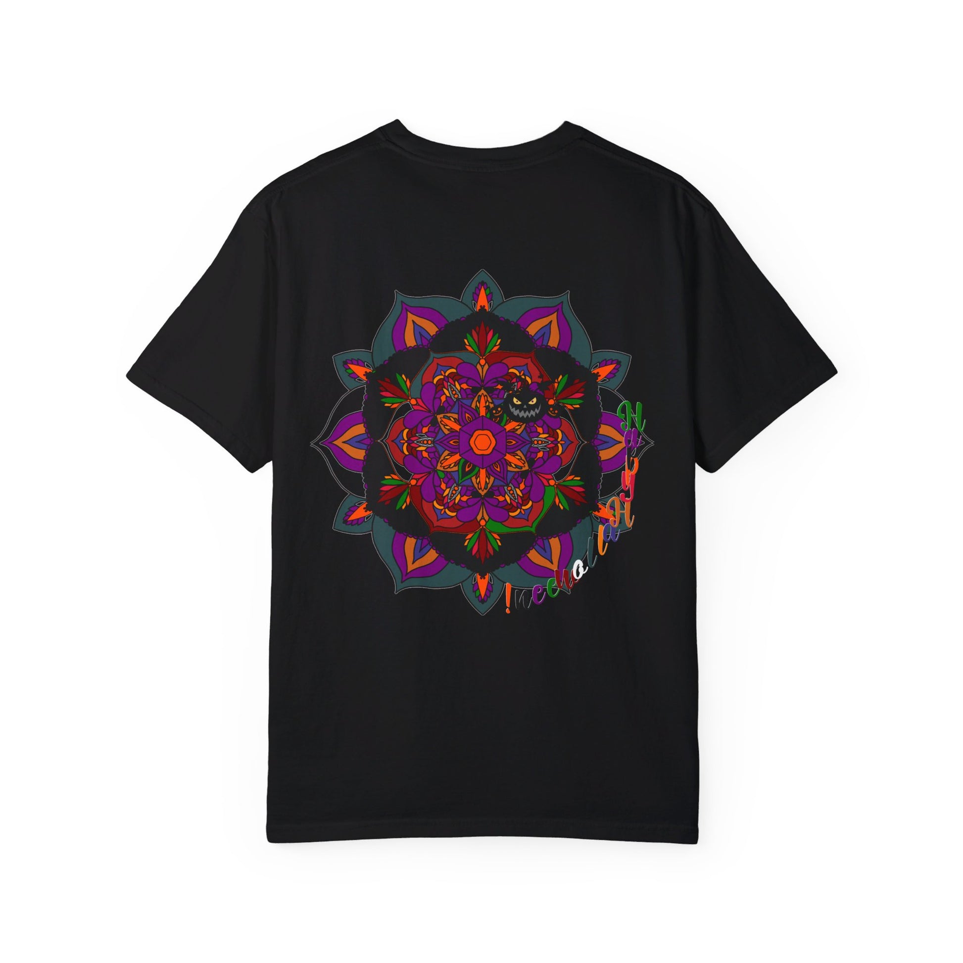 A colorful hand-drawn pumpkin mandala design on a unisex Halloween T-shirt