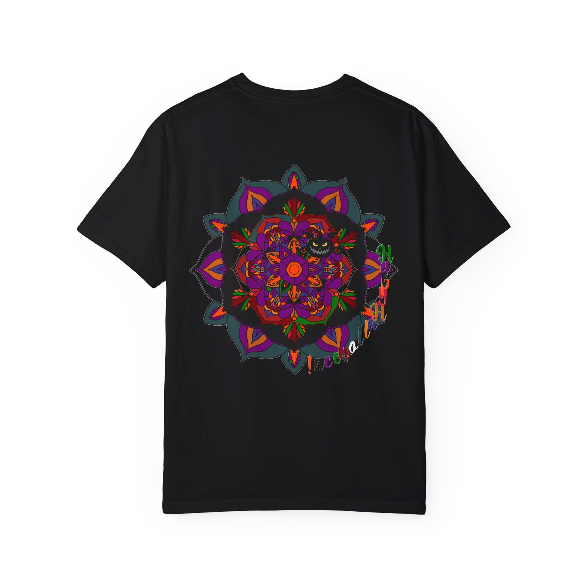 A colorful hand-drawn pumpkin mandala design on a unisex Halloween T-shirt