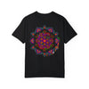 A colorful hand-drawn pumpkin mandala design on a unisex Halloween T-shirt