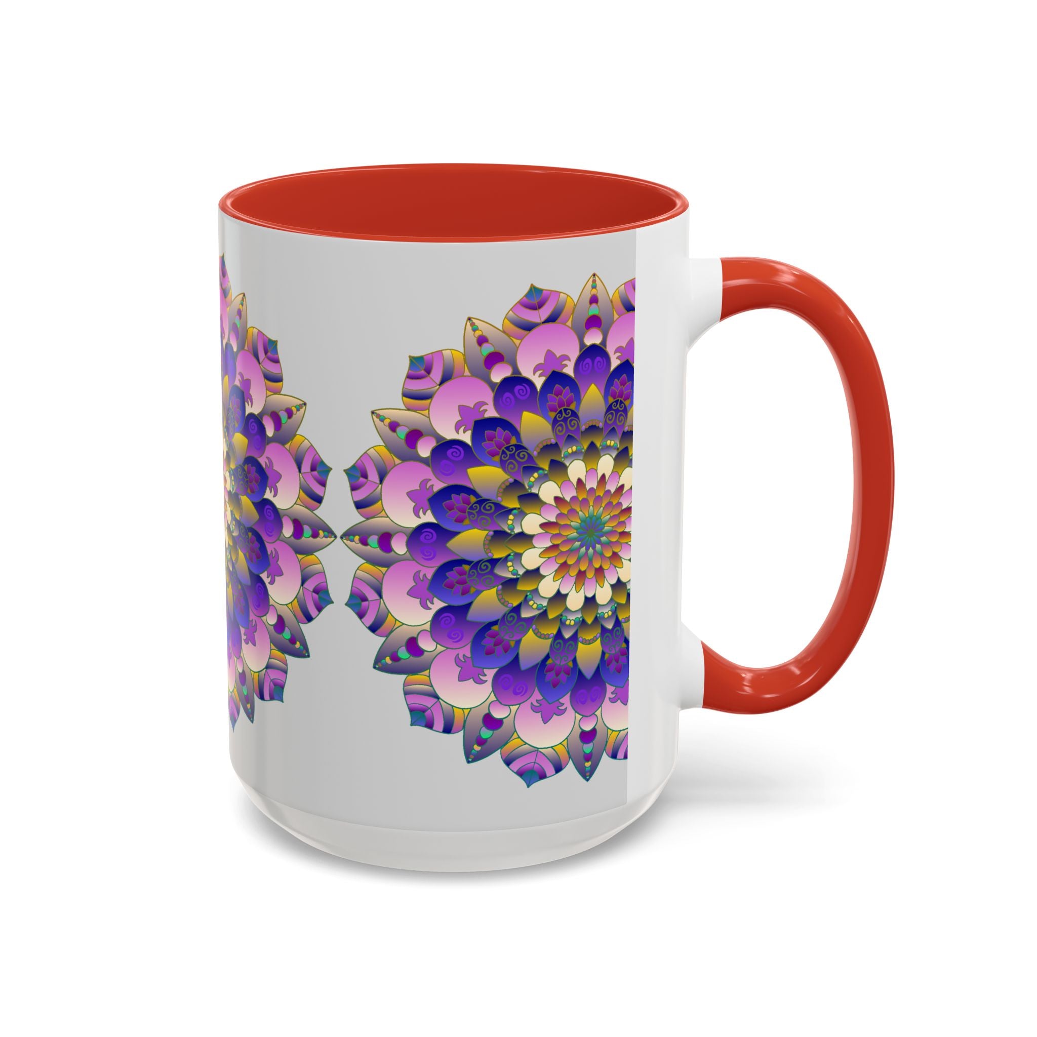 Beautiful mandala art mug with vibrant and intricate designs on grey background