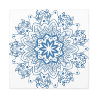 Handmade Mandala Art featuring a steel blue design on matte canvas, stretched and mounted at 125 inches, perfect for adding a touch of tranquility to any space
