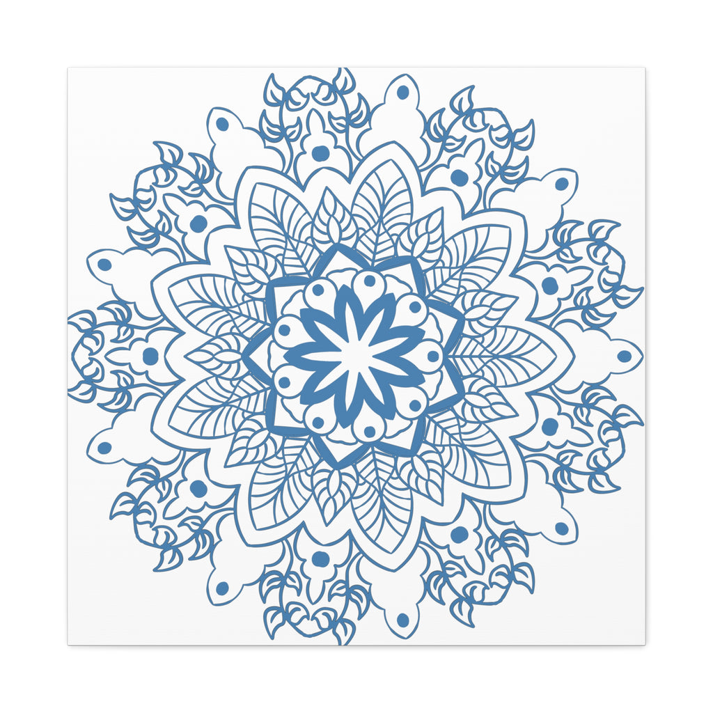 Handmade Mandala Art featuring a steel blue design on matte canvas, stretched and mounted at 125 inches, perfect for adding a touch of tranquility to any space