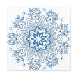 Handmade Mandala Art featuring a steel blue design on matte canvas, stretched and mounted at 125 inches, perfect for adding a touch of tranquility to any space