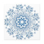 Handmade Mandala Art featuring a steel blue design on matte canvas, stretched and mounted at 125 inches, perfect for adding a touch of tranquility to any space