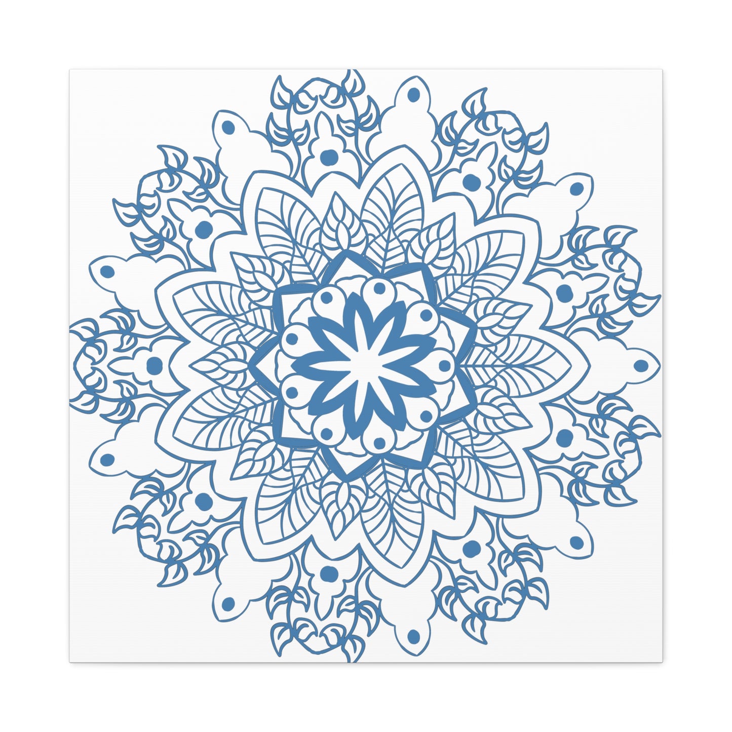 Handmade Mandala Art featuring a steel blue design on matte canvas, stretched and mounted at 125 inches, perfect for adding a touch of tranquility to any space