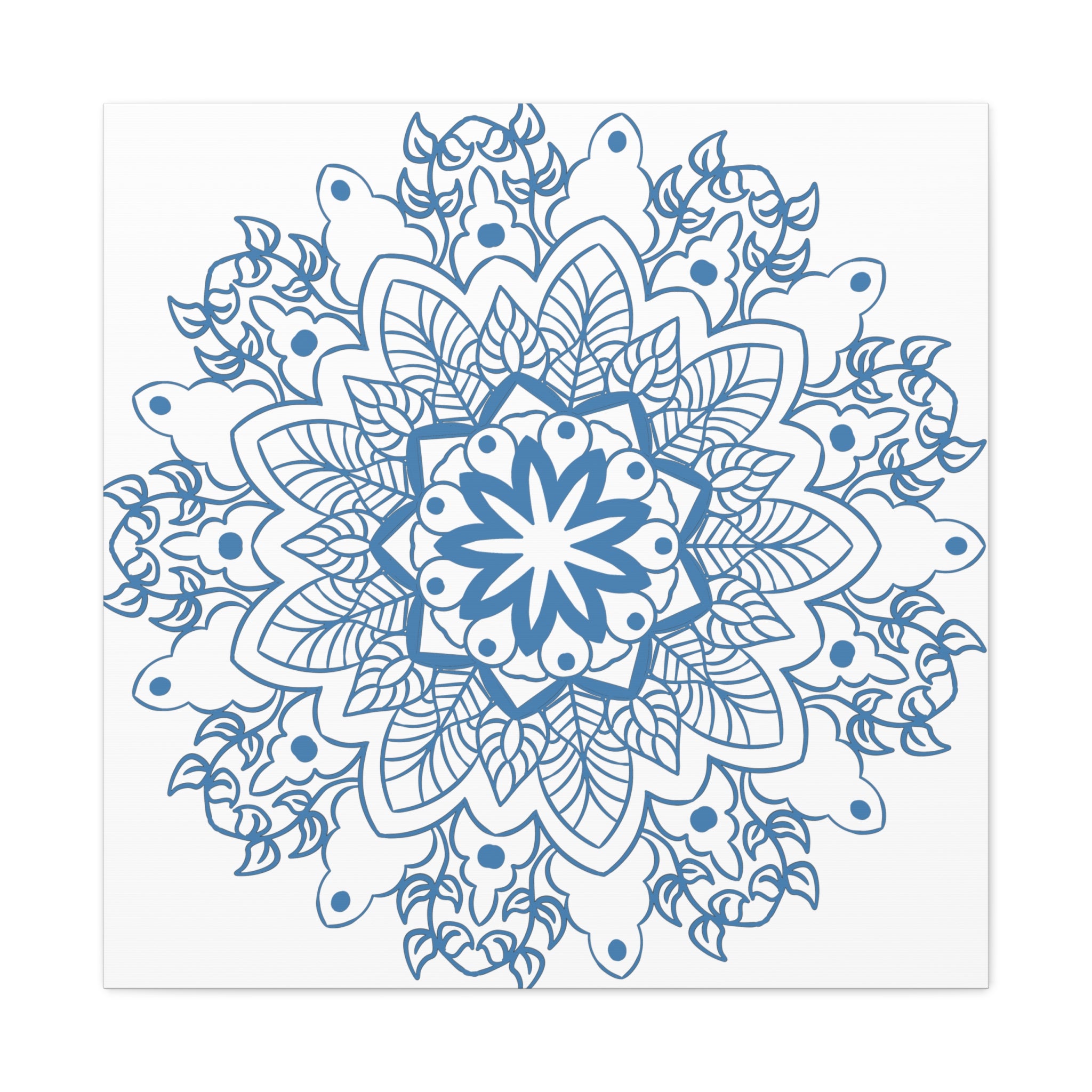 Handmade Mandala Art featuring a steel blue design on matte canvas, stretched and mounted at 125 inches, perfect for adding a touch of tranquility to any space