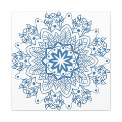 Handmade Mandala Art featuring a steel blue design on matte canvas, stretched and mounted at 125 inches, perfect for adding a touch of tranquility to any space