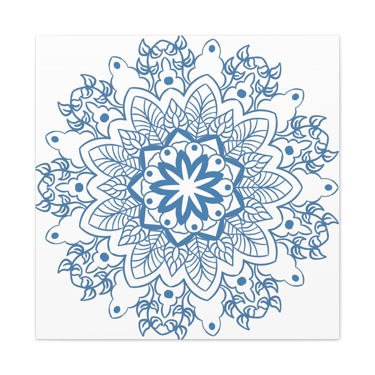 Handmade Mandala Art featuring a steel blue design on matte canvas, stretched and mounted at 125 inches, perfect for adding a touch of tranquility to any space