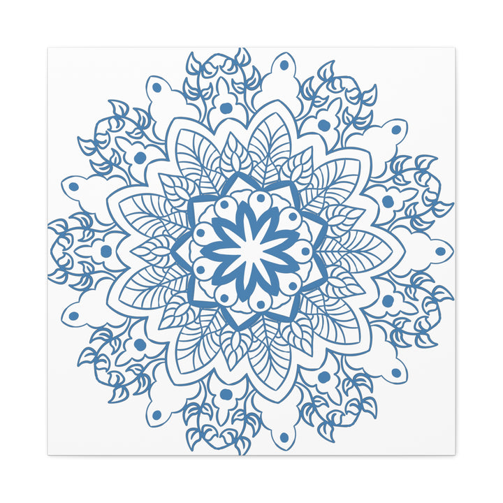 Handmade Mandala Art featuring a steel blue design on matte canvas, stretched and mounted at 125 inches, perfect for adding a touch of tranquility to any space