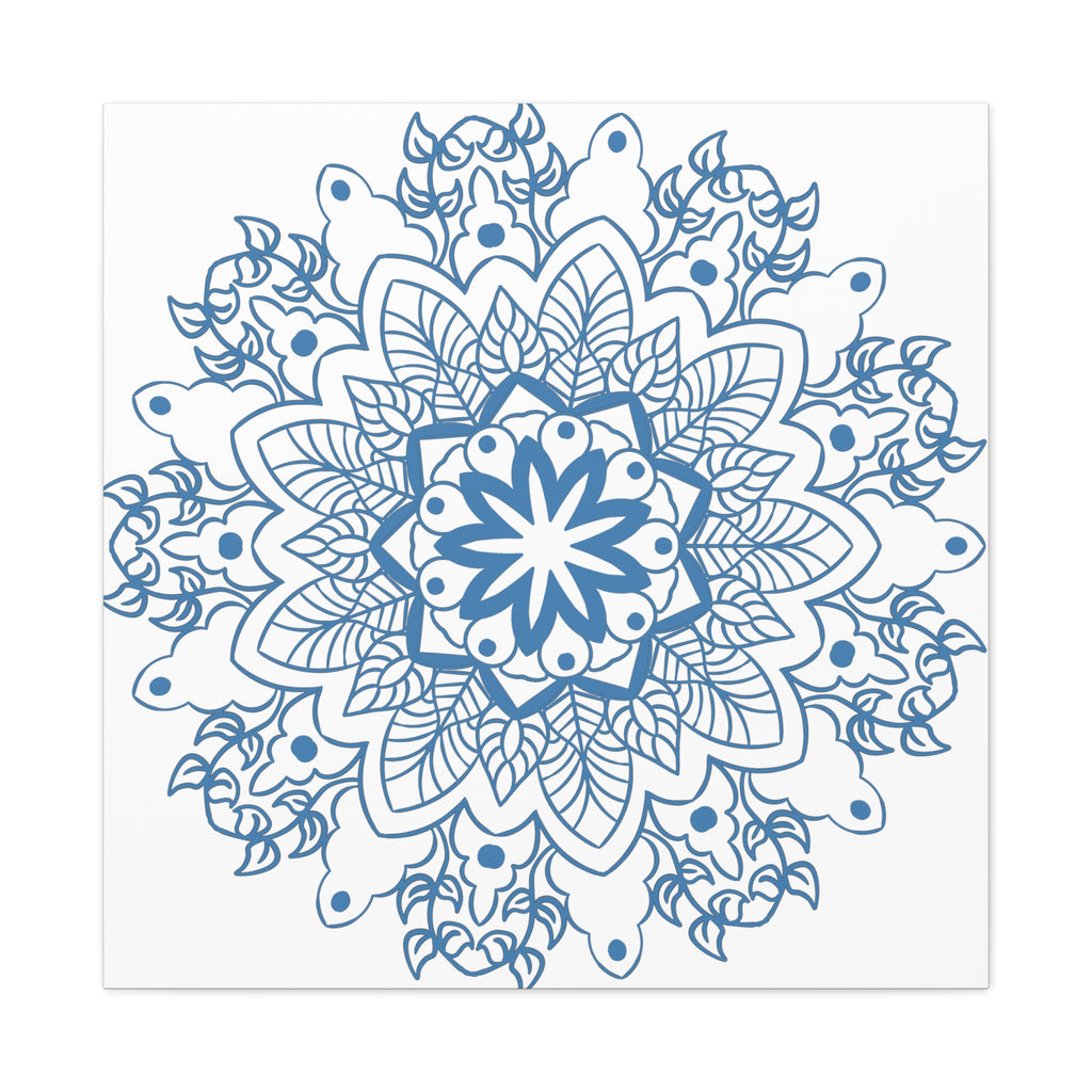 Handmade Mandala Art featuring a steel blue design on matte canvas, stretched and mounted at 125 inches, perfect for adding a touch of tranquility to any space