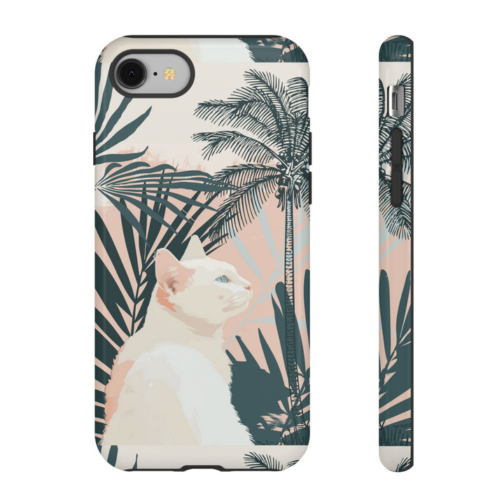 Tropische Katzen-Telefonhülle mit üppigen Palmenmotiven und sanften Pastelltönen