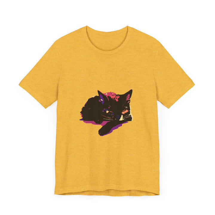 Black Cat Mystery - Colorful Sleep T-Shirt featuring a playful cat design on a cozy black background, perfect for a restful night's sleep