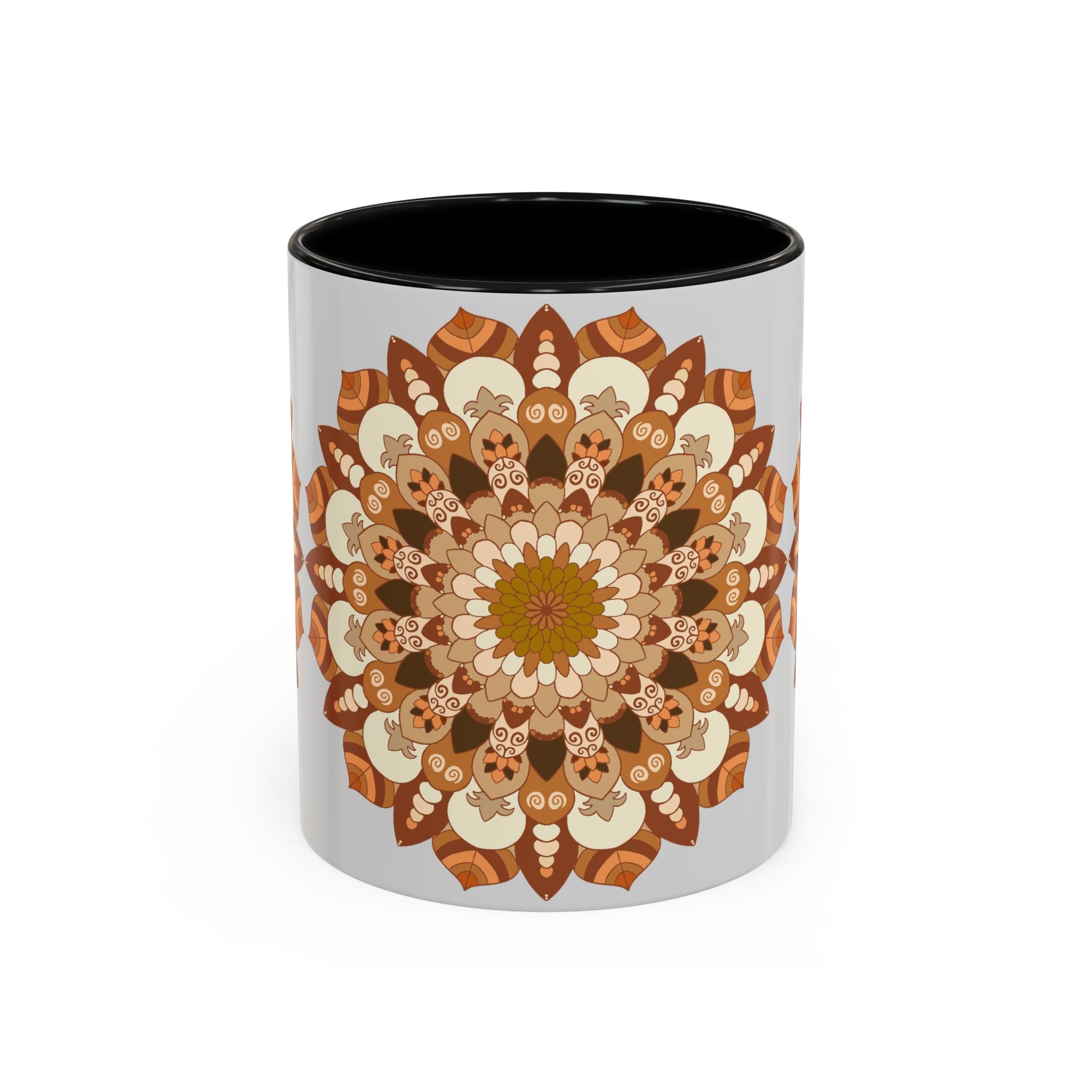 Beautiful light grey mandala art mug with intricate patterns