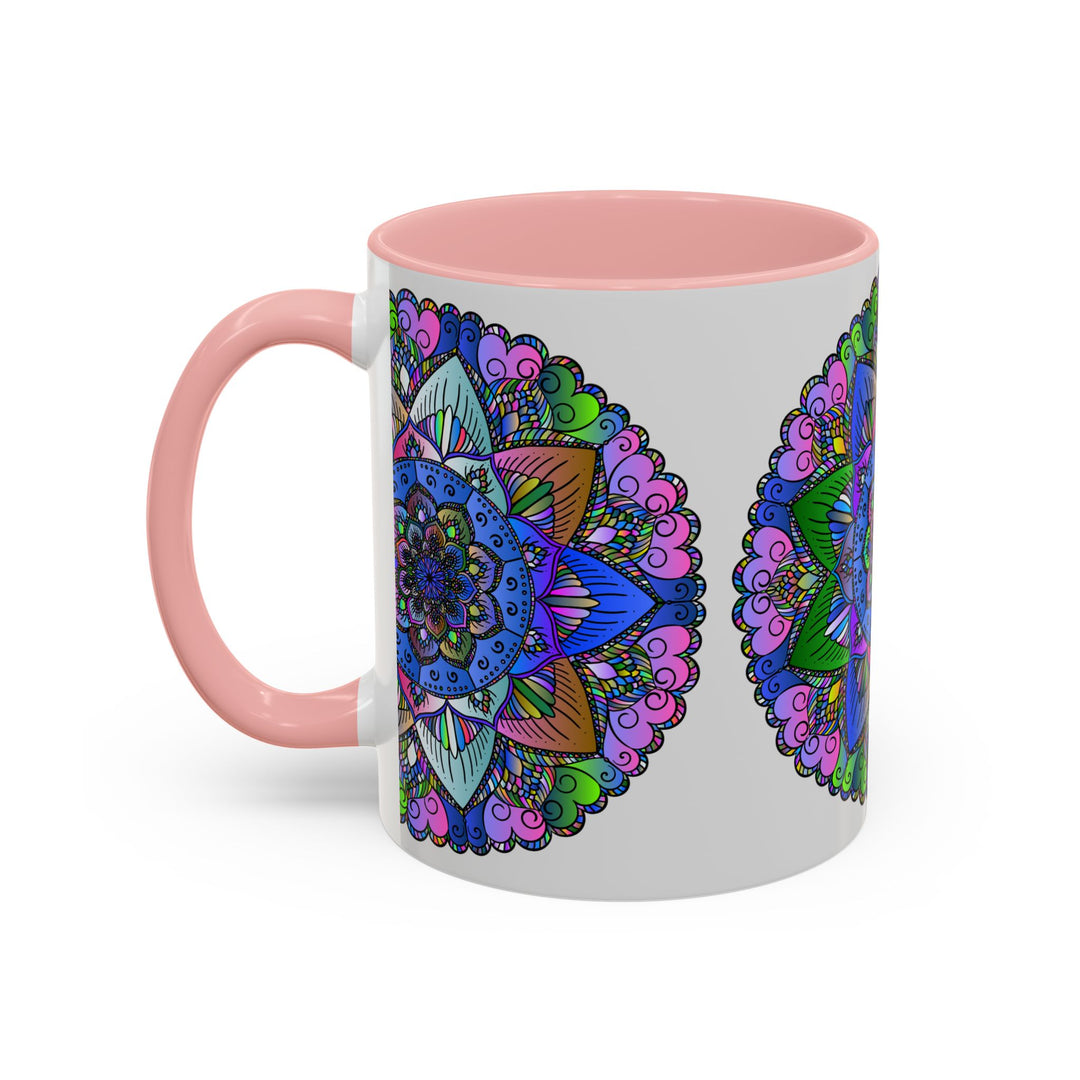 A beautiful, hand-painted mandala mug featuring vibrant colors and peaceful art