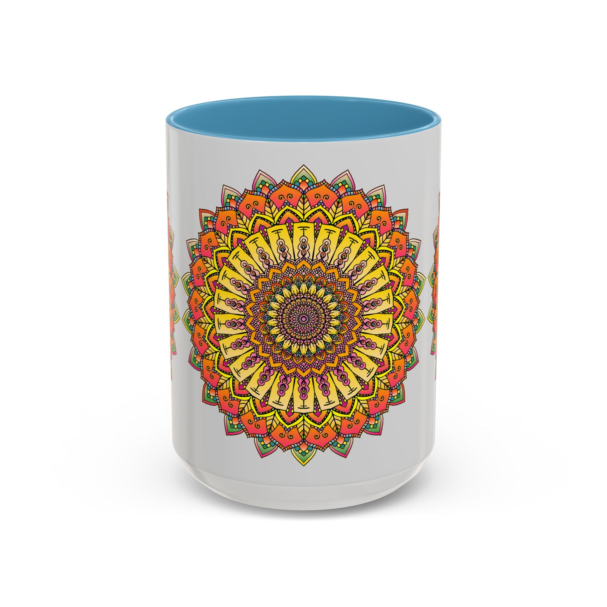 A vibrant mandala mug featuring colorful art on a grey background