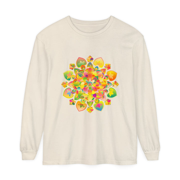 Vibrant and colorful long sleeve t-shirt featuring intricate psychedelic mandala design