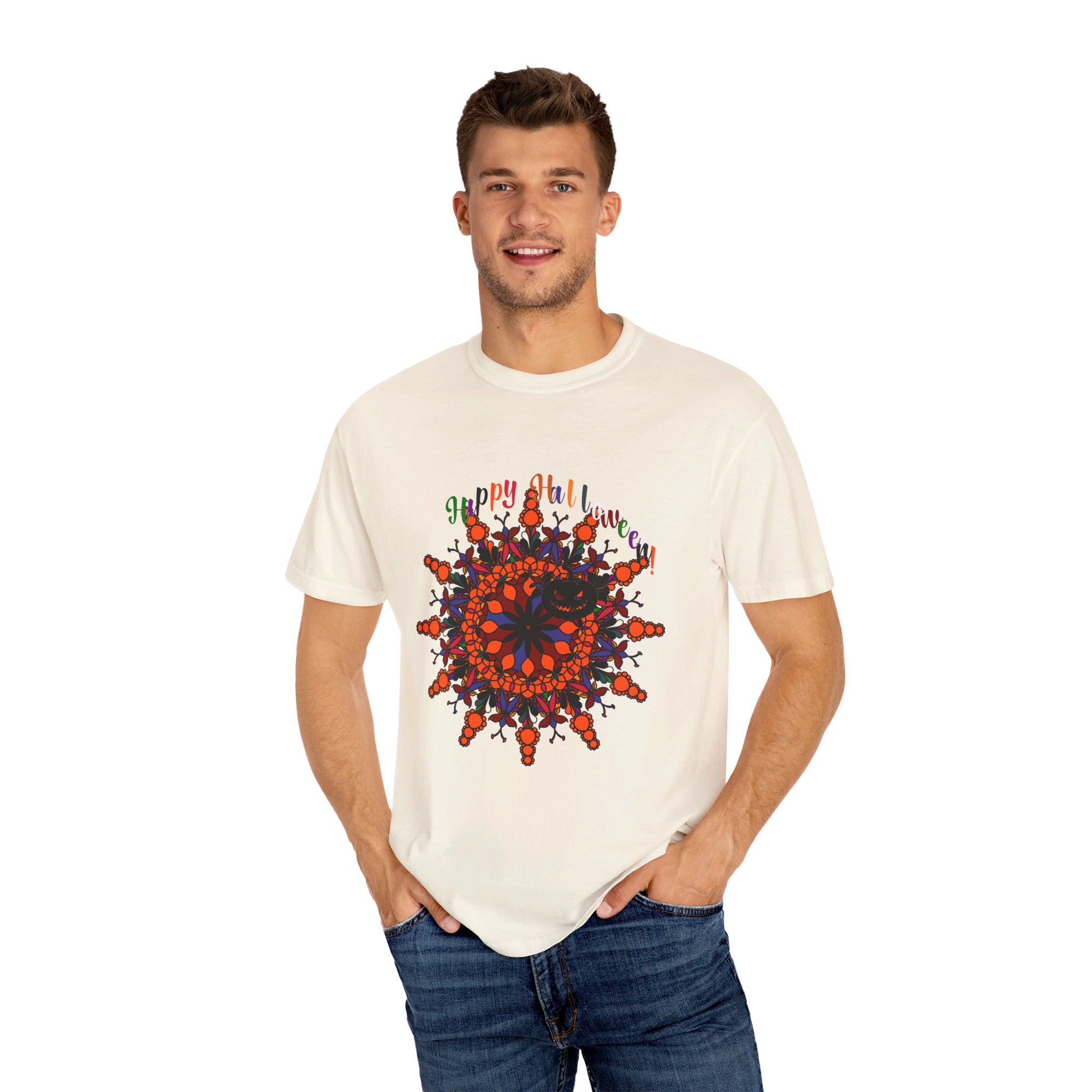 Handmade unisex garment-dyed tee featuring a pumpkin mandala art design perfect for Halloween