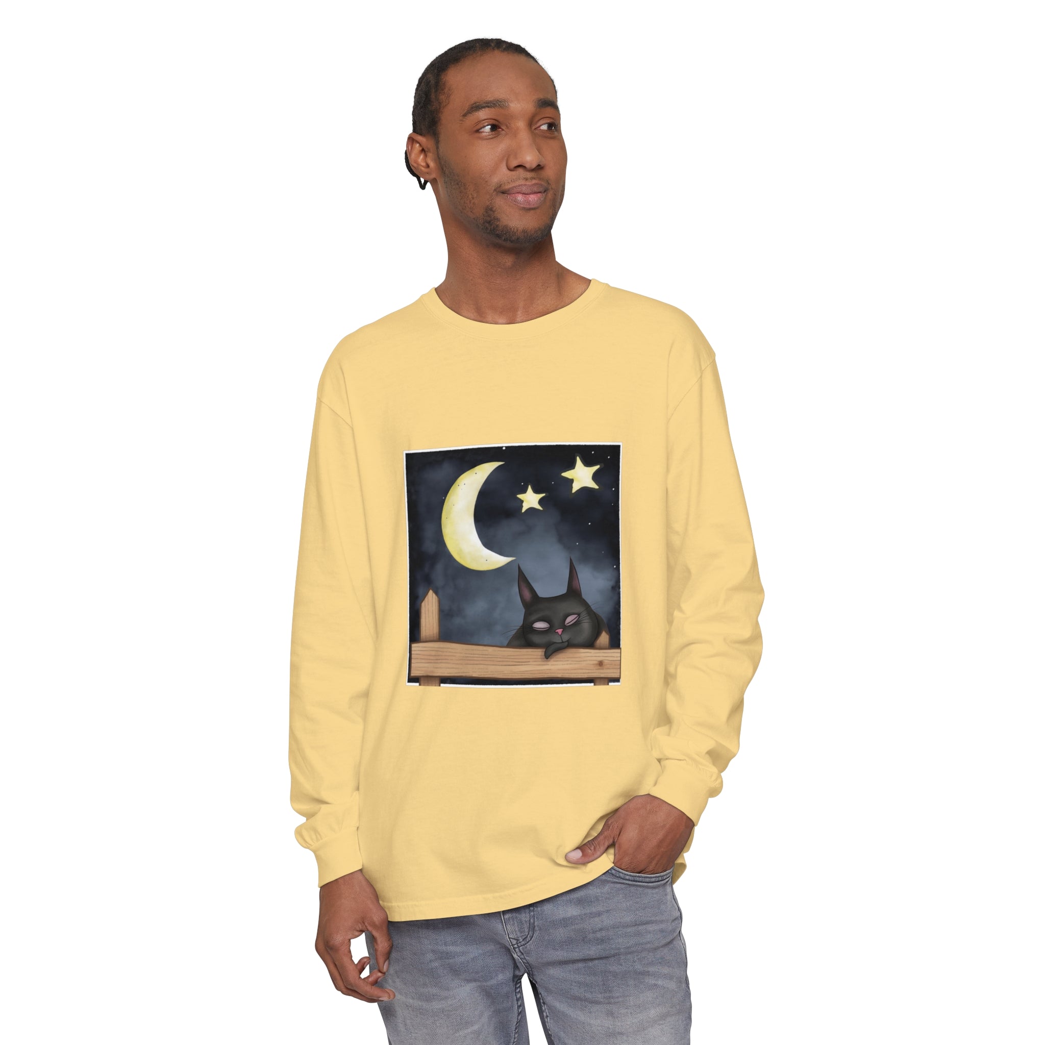 A black t-shirt featuring a sleepy cat gazing at the night sky