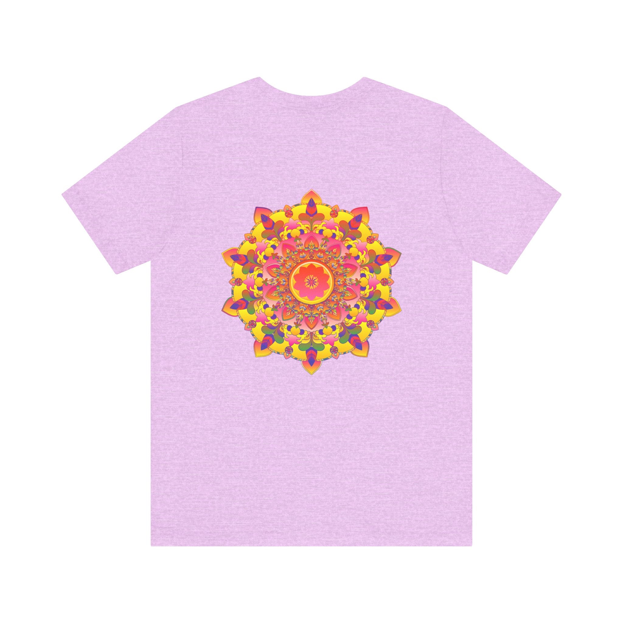 A colorful and intricate mandala design on a tee promoting spiritual peace and harmony