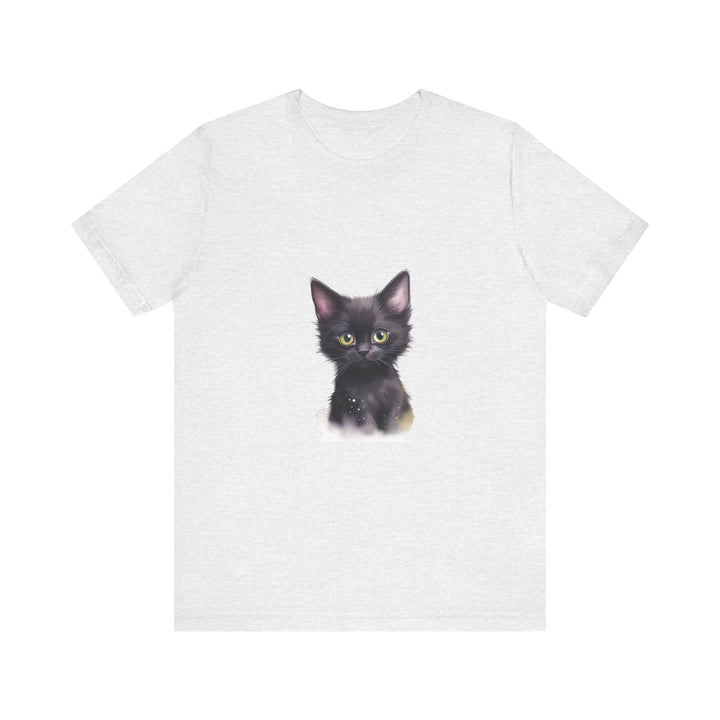 A black cat with glowing eyes and mystical symbols on a t-shirt