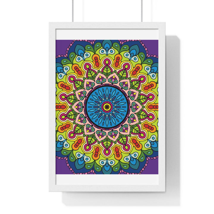 Vertical framed poster with intricate hand-drawn mandala art promoting mindfulness and yoga