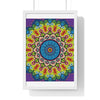 Vertical framed poster with intricate hand-drawn mandala art promoting mindfulness and yoga