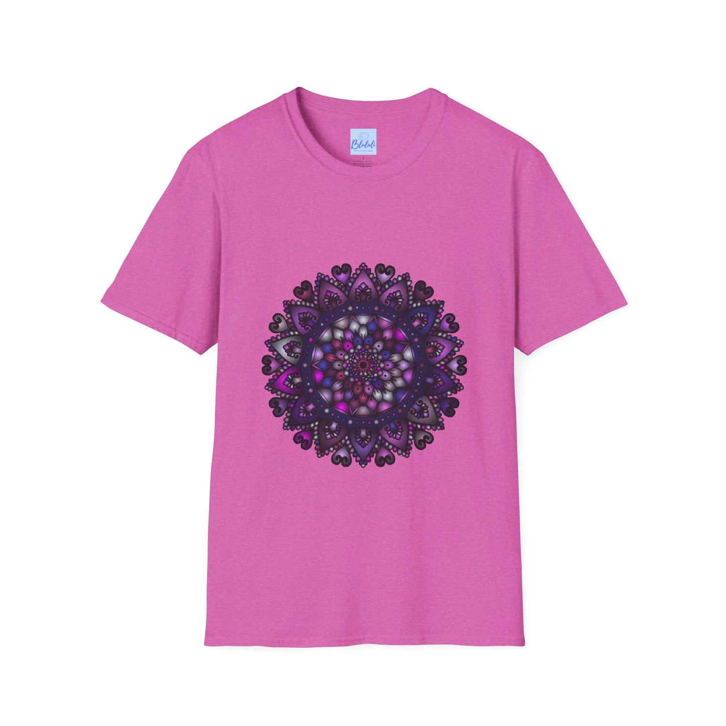 Softstyle unisex t-shirt featuring a hand-drawn purple mandala art design