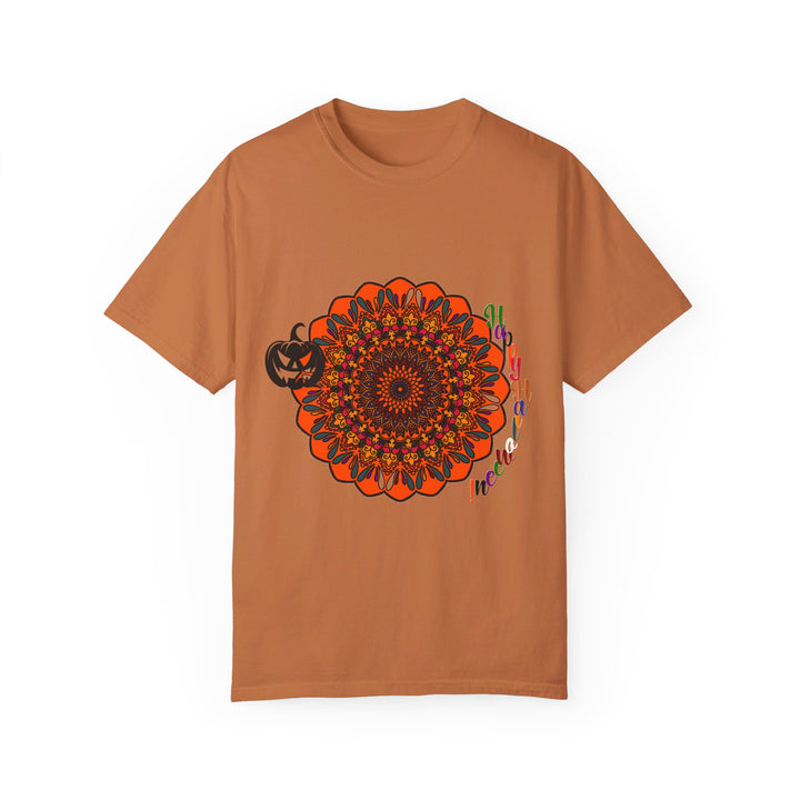 Unisex Halloween mandala t-shirt with handmade pumpkin mandala art on garment-dyed tee