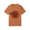 Unisex Halloween mandala t-shirt with handmade pumpkin mandala art on garment-dyed tee