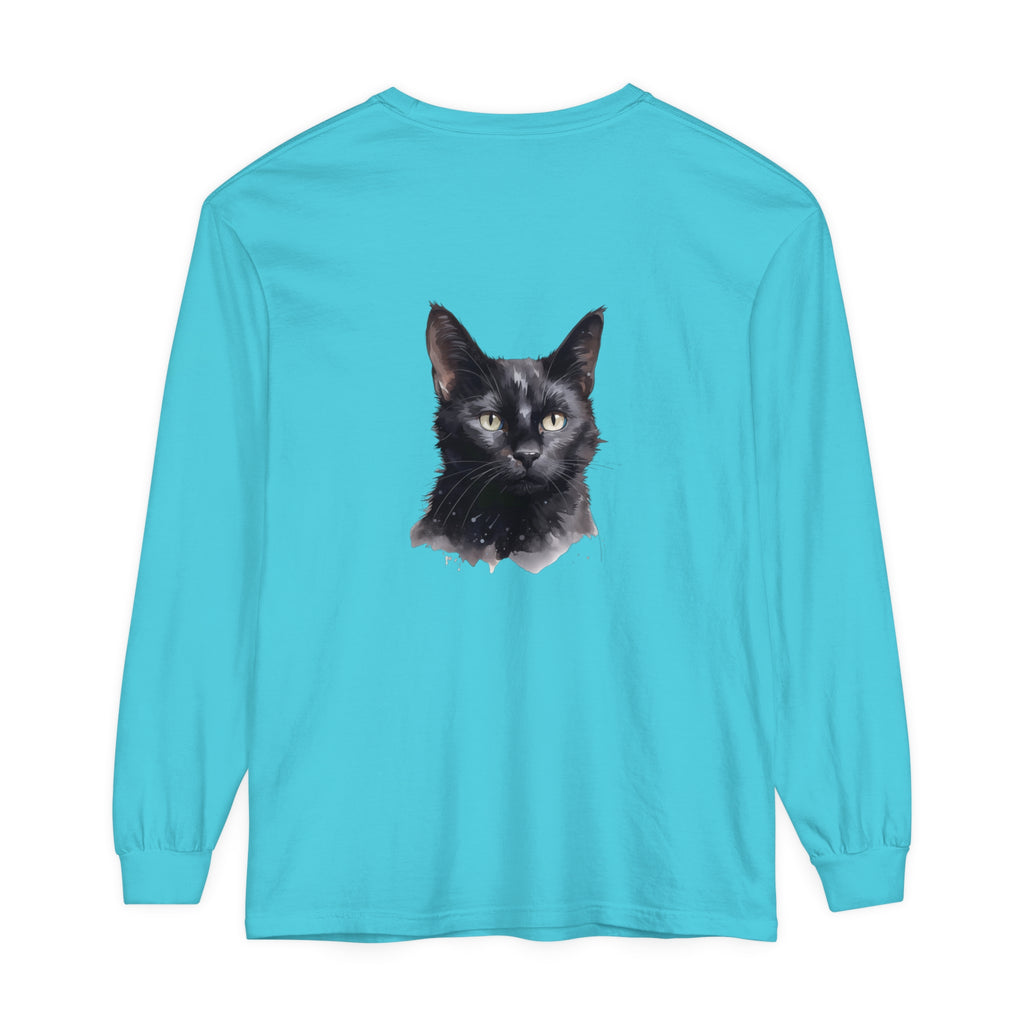 Black Cat Watercolor Unisex Long Sleeve T-Shirt with vibrant watercolor design