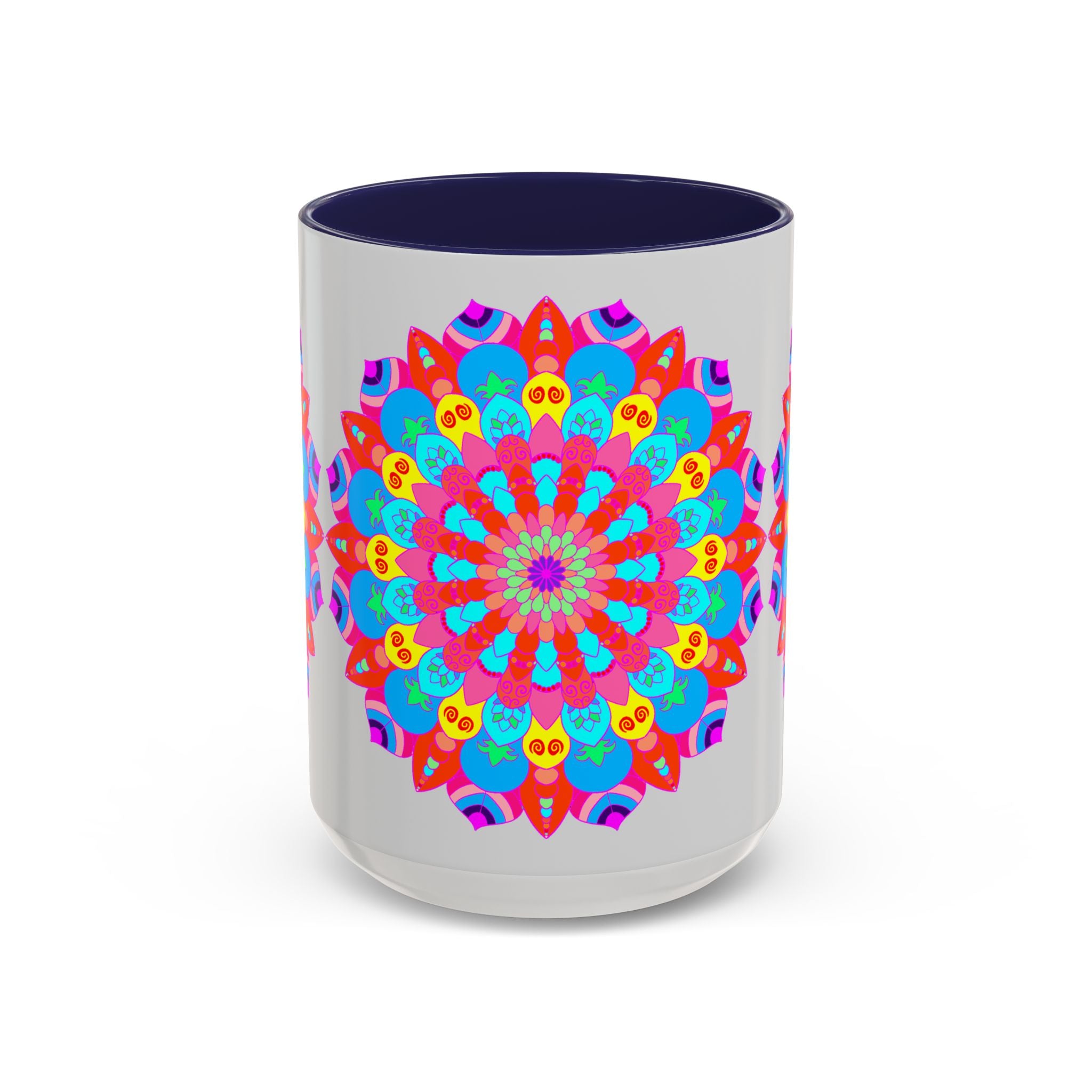 Close-up of vibrant mandala design on ceramic mug with serene vibes