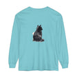 Watercolor-style illustration of a long sleeve T-shirt featuring a black and white cat design