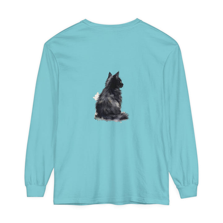 Watercolor-style illustration of a long sleeve T-shirt featuring a black and white cat design