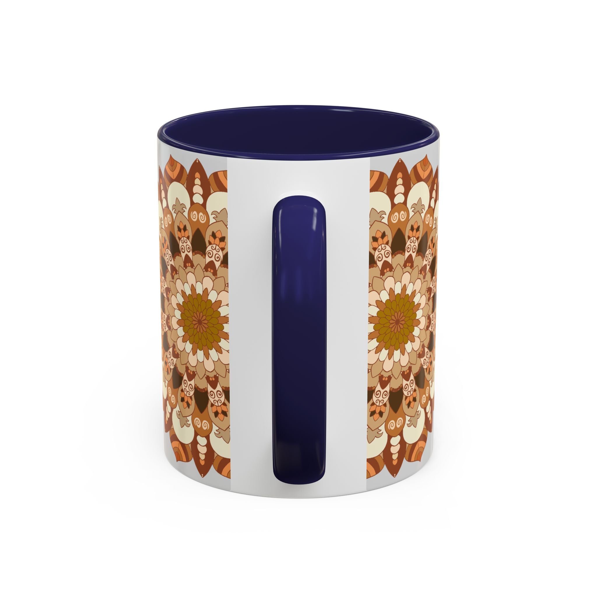 A beautiful mandala art mug featuring intricate designs on a light grey background