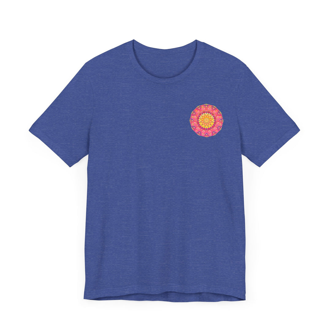 Beautiful pink and yellow mandala t-shirt with intricate design representing peace and harmony, perfect for adding a pop of color to your wardrobe