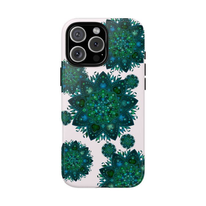 Beautiful light pink and green mandala phone case with a peaceful and intricate design