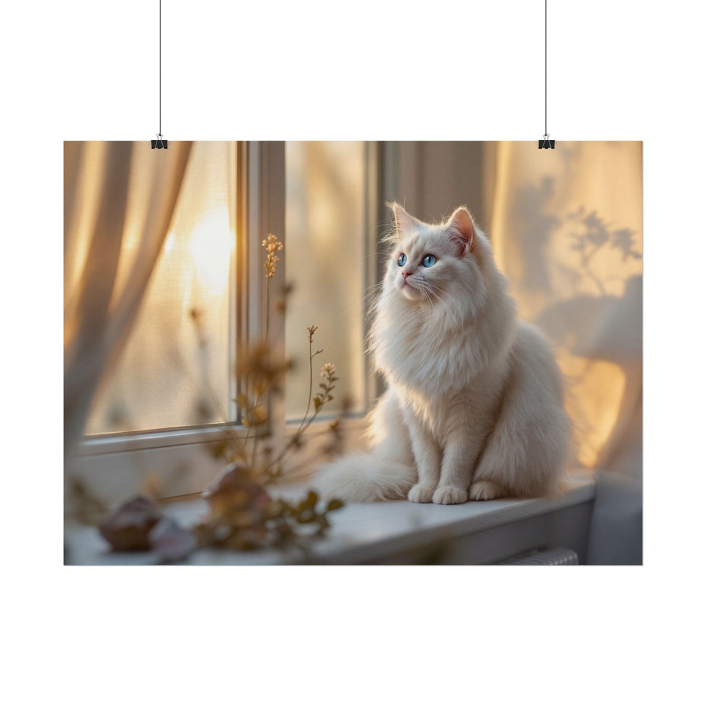 Rolled Poster — Serene Longhair Cat on Window Sill | Cozy Home Wall Art