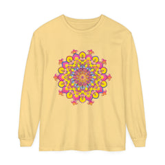 Colorful and intricate mandala design printed on a unisex long sleeve t-shirt