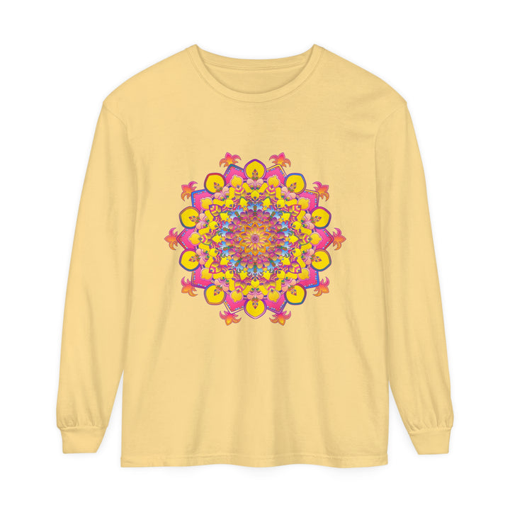 Colorful and intricate mandala design printed on a unisex long sleeve t-shirt