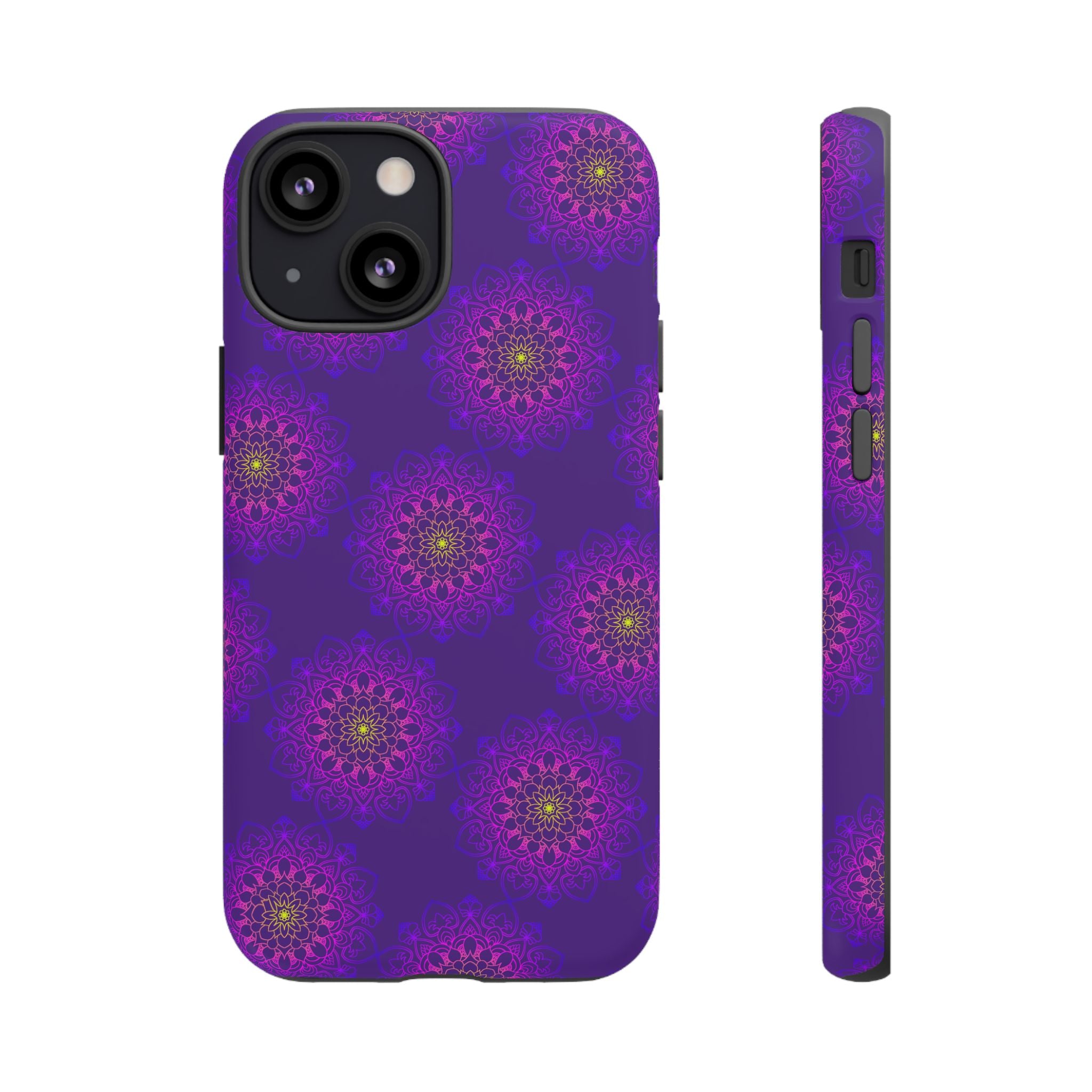 Custodia per iPhone con motivo floreale viola intricato e audace motivo mandala