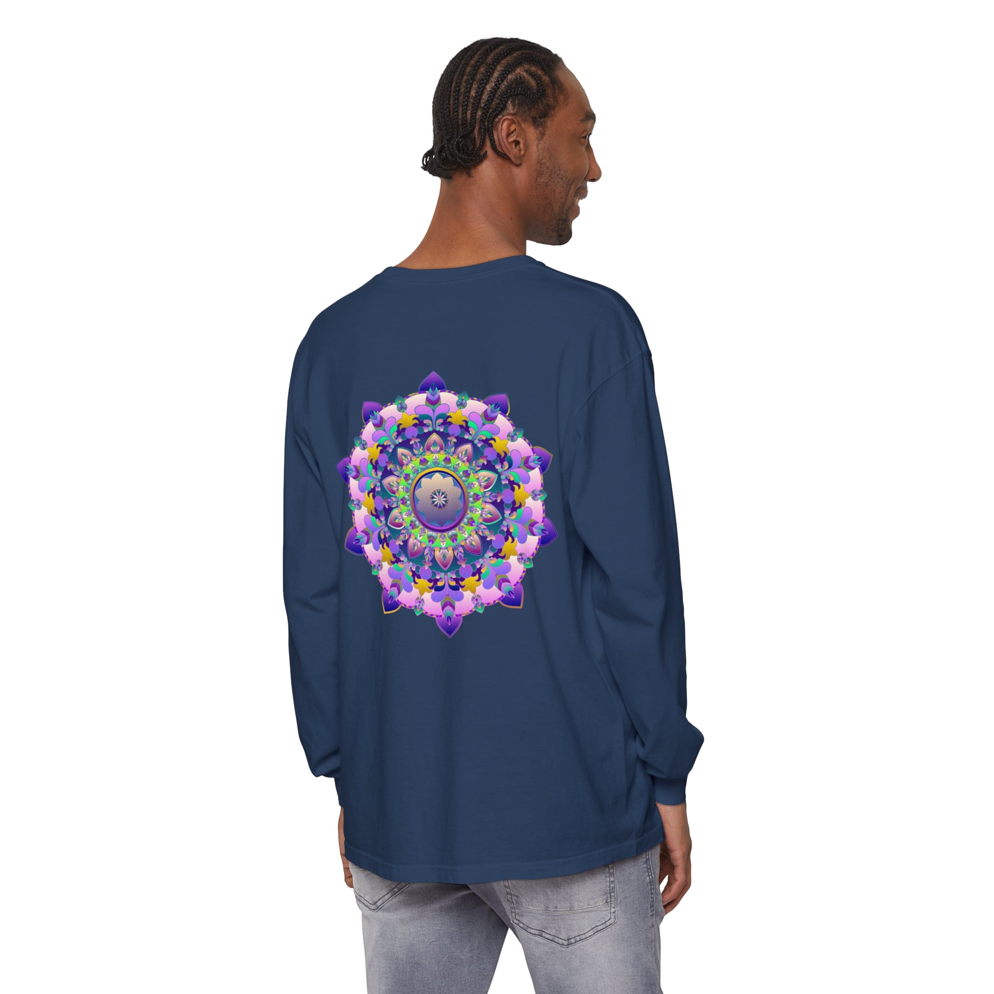 Colorful and intricate mandala design on a unisex long sleeve t-shirt