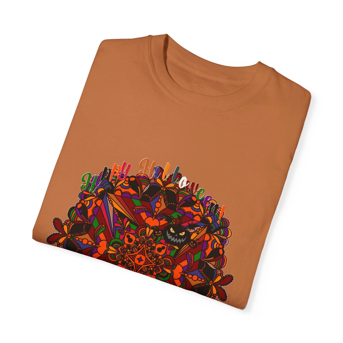 Handmade unisex Halloween Mandala T-shirt featuring intricate pumpkin mandala art on a garment-dyed tee