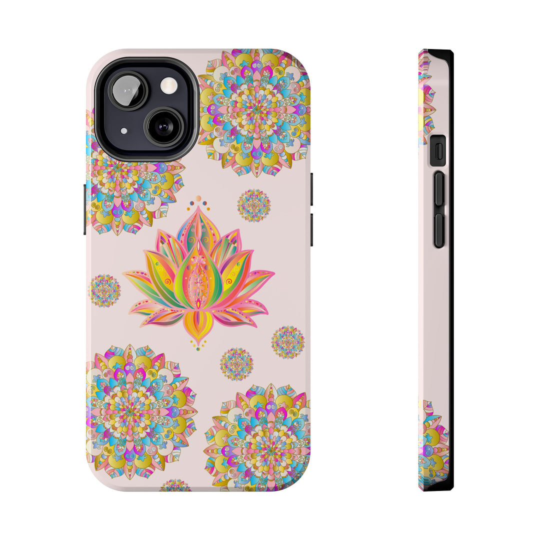 A beautiful light pink phone case with a lotus flower mandala design