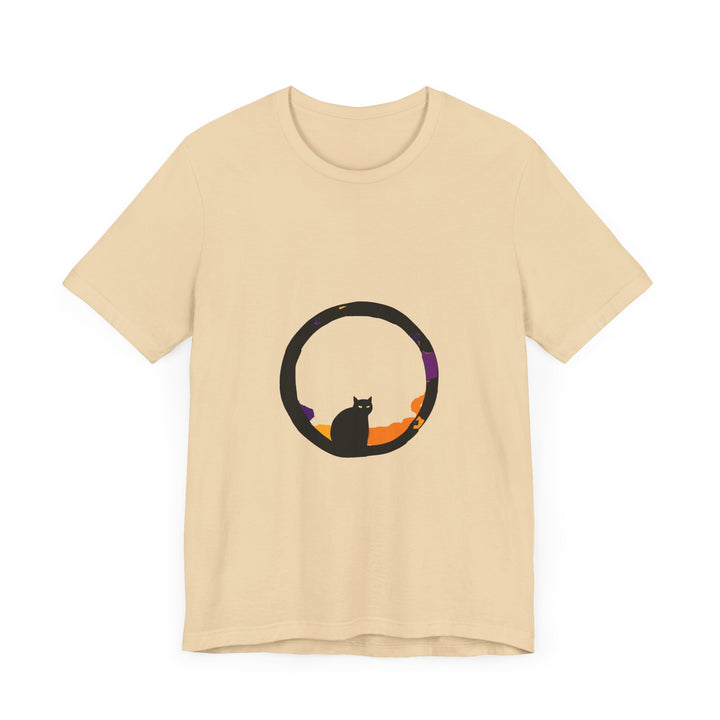 A spooky and stylish Black Cat Mystery Moon T-Shirt featuring a mysterious black cat against a backdrop of a full moon